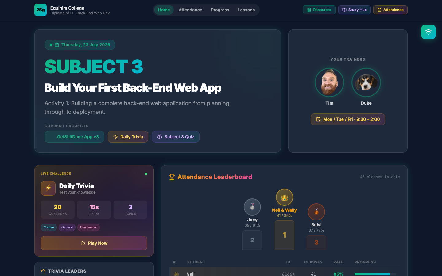 Back-end web dev class page for intake 25G showing a subject project brief